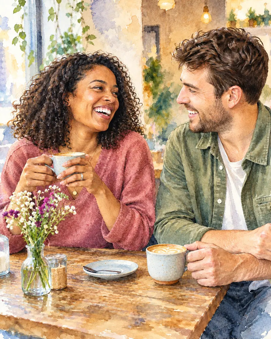 Example couple photograph transformed into an editorial watercolour portrait