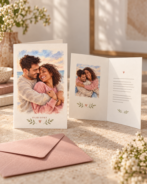 Personalised OurStory A5 folded Story Card shown closed and open