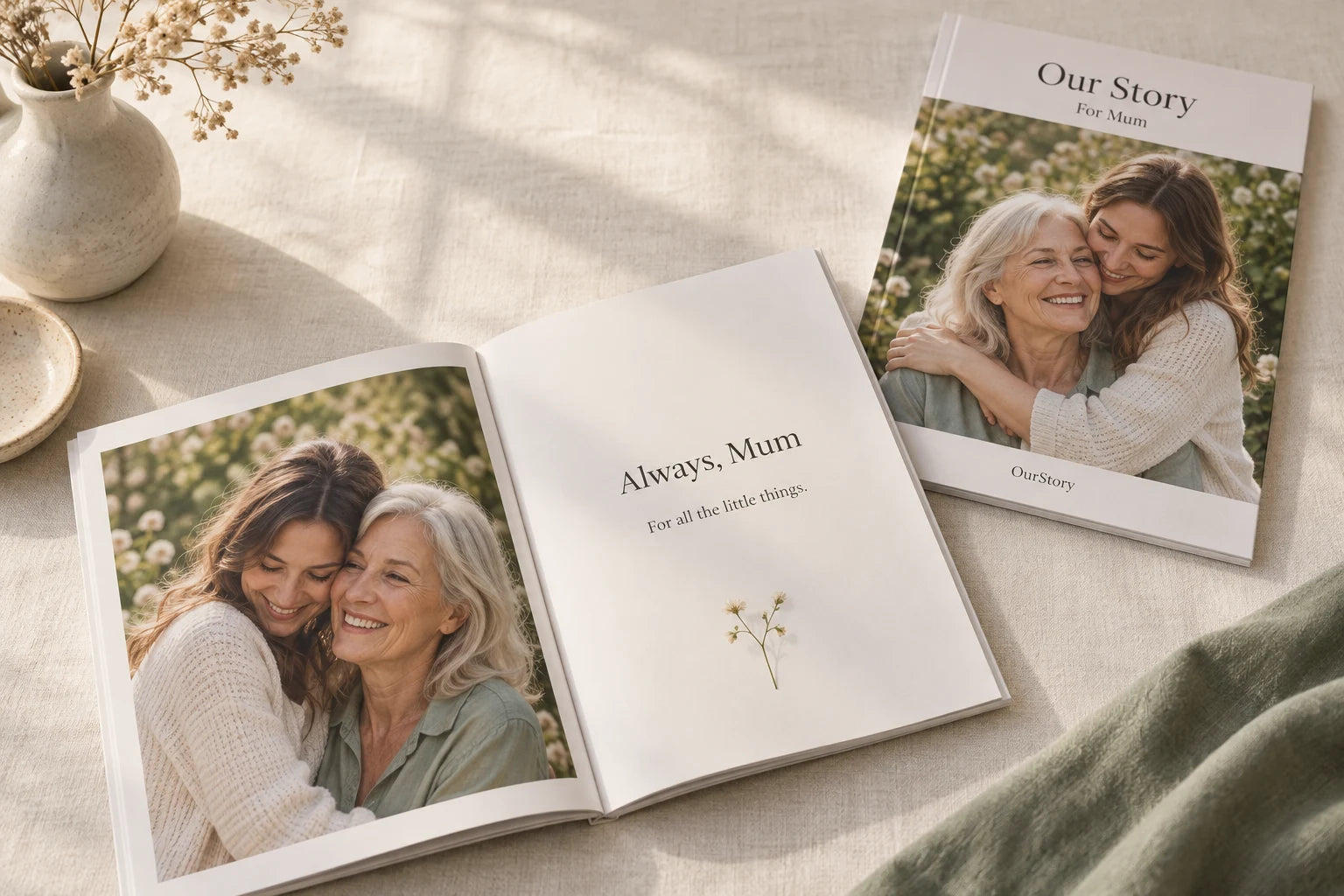 Illustrative OurStory Mini book, with a family cover and an open photo spread